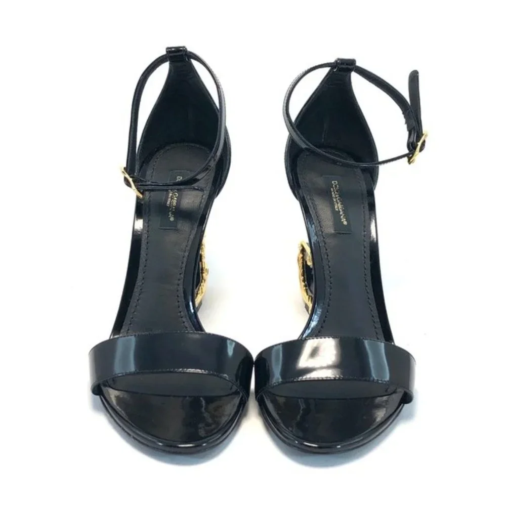 Dolce And Gabbana Black Sculpted Heel Patent Leather Sandals US7.5